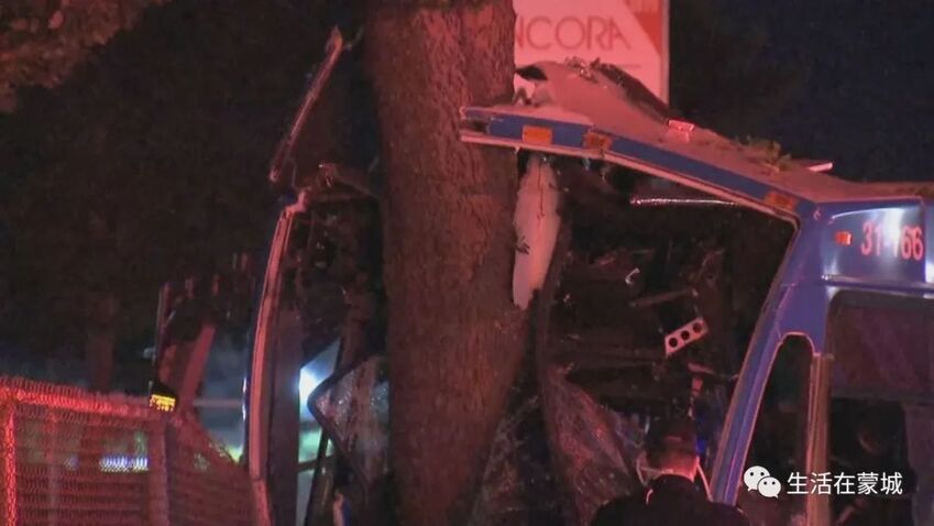 蒙特利尔一辆公交车撞树，车辆严重损毁-1.jpg