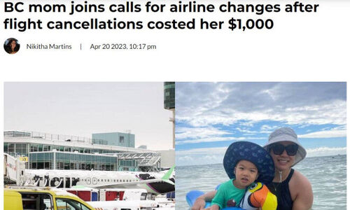 温哥华3孩华人母亲抗议航班取消导致她损失1000元