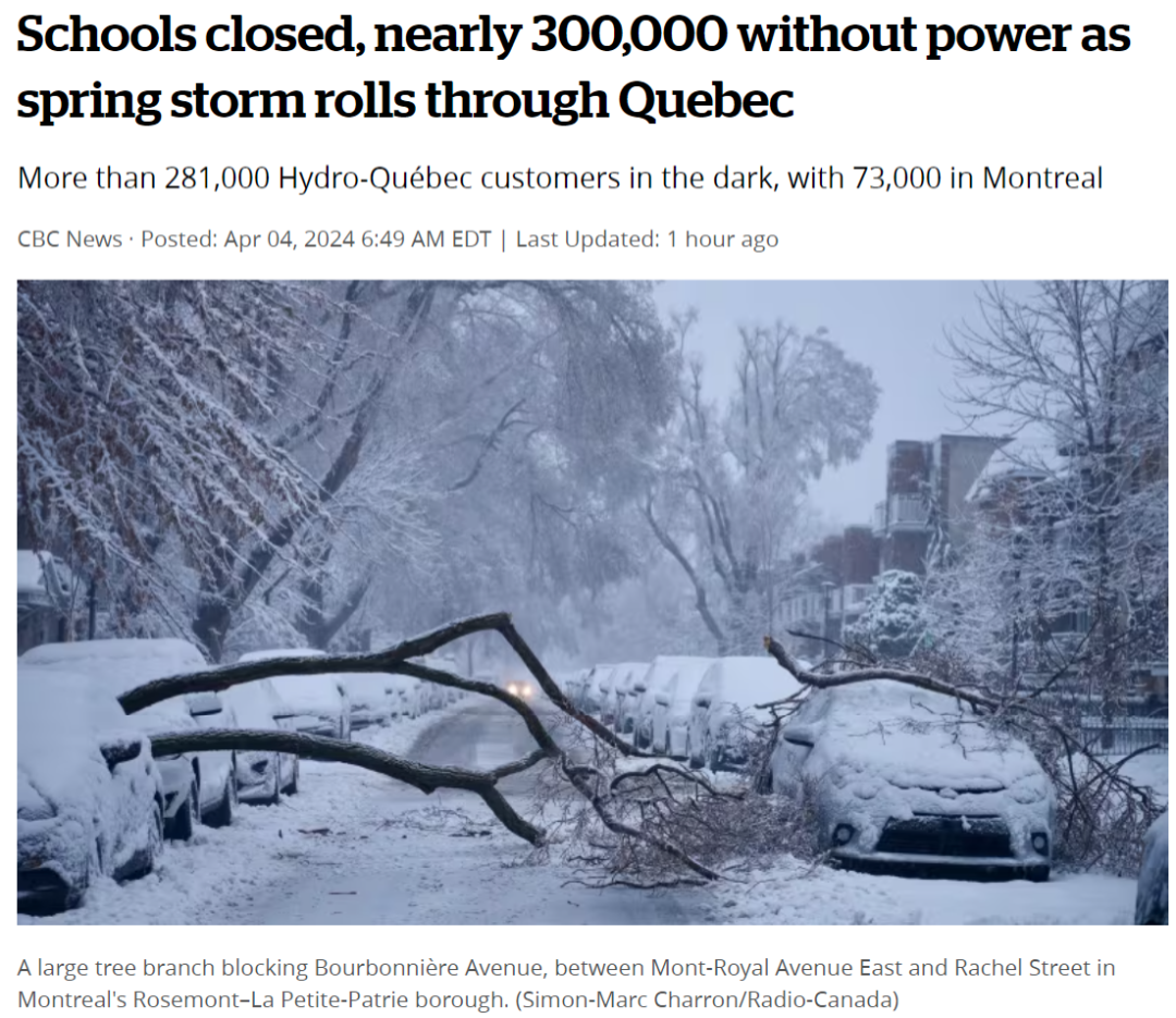 魁省突遭春季暴风雪袭击！学校关闭 近30万户停电