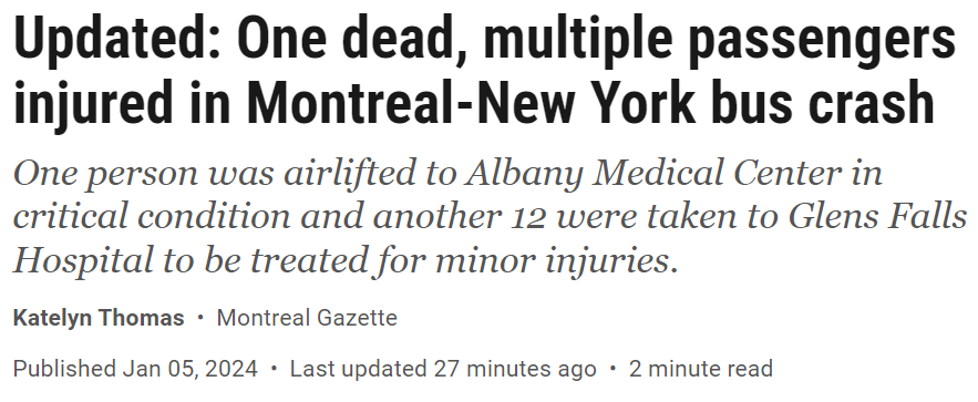 突发！蒙特利尔开往纽约的旅游大巴侧翻 已致1人死亡 数人受伤 ... ...