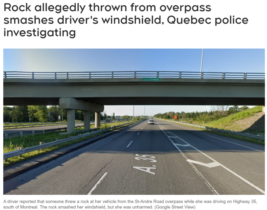 魁省道路上有人故意向车扔石头 开车注意！