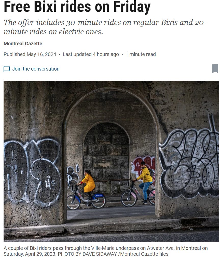 蒙特利尔Bixi 自行车周五免费骑！