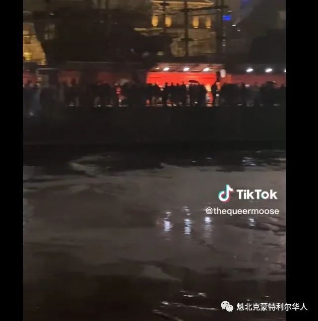 新年夜 很多人冒雨挤在蒙特利尔老港傻等看烟花表演...