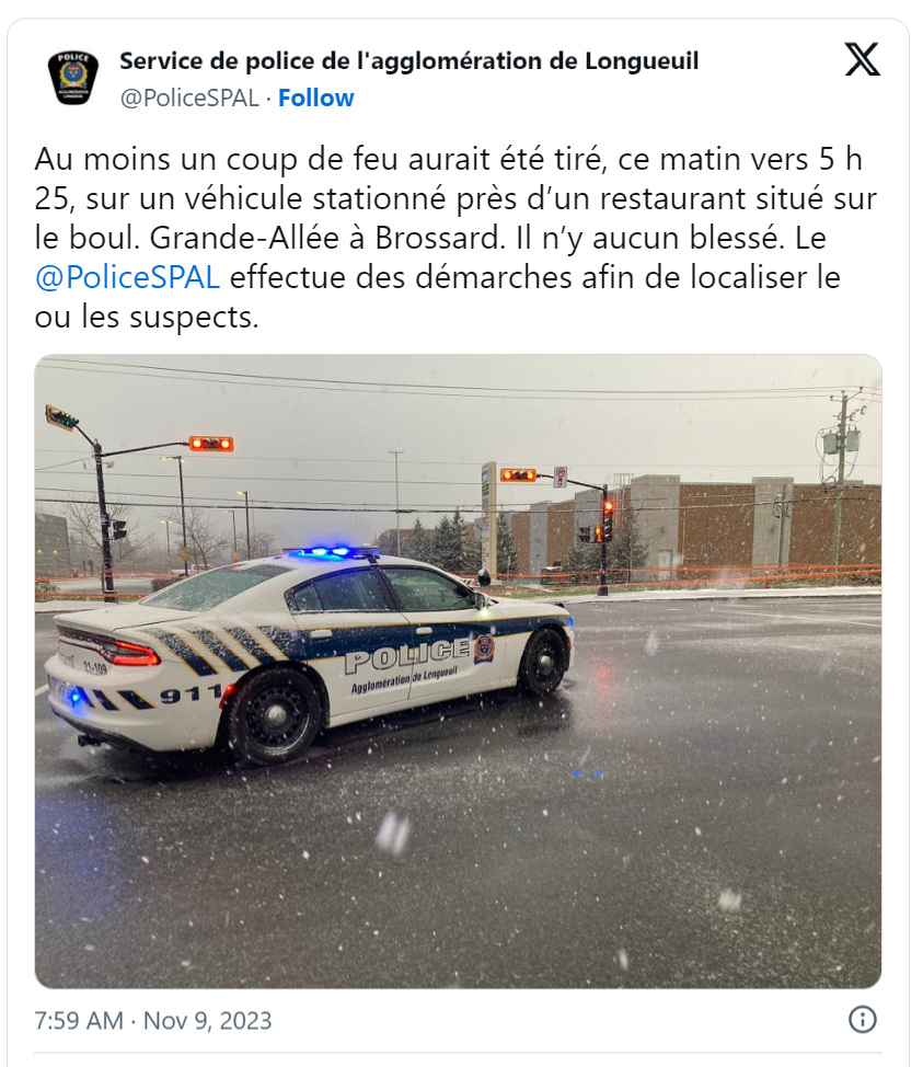 蒙特利尔南岸Brossard 今早发生至少一起枪击案