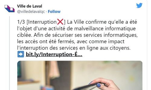 蒙特利尔北岸Laval市政府网络遭到攻击 一些数据被盗