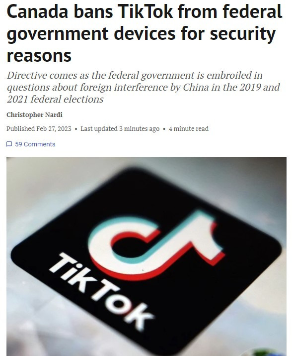 3月1日起，加拿大禁止联邦政府设备使用TikTok