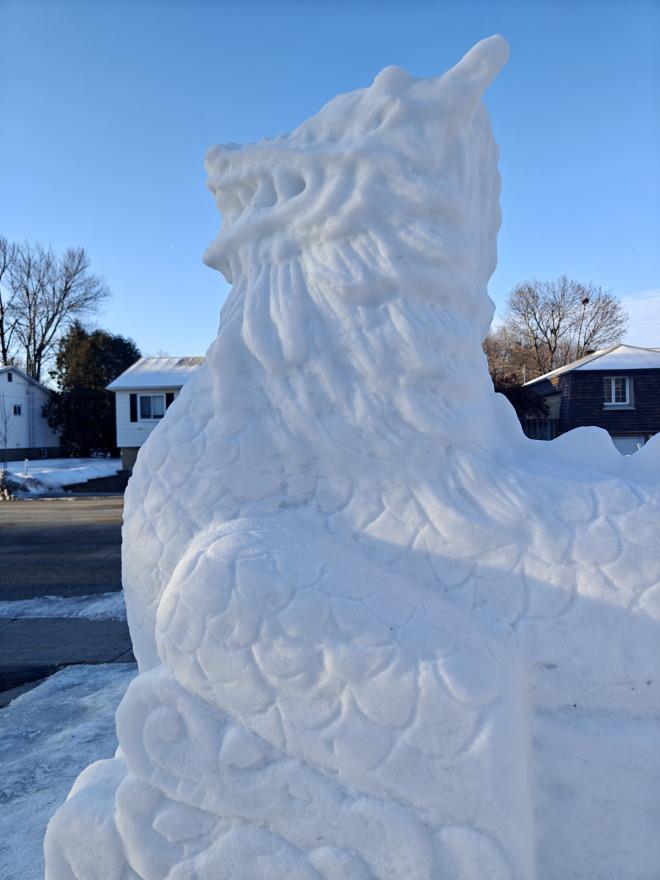 壮观:加拿大华人家门前雪雕长龙贺新春