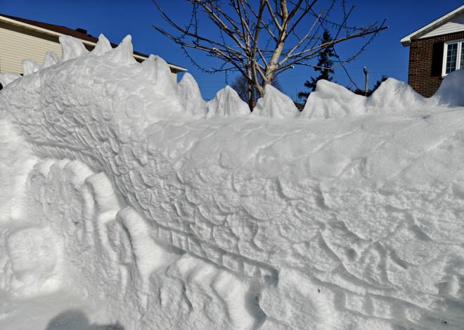 壮观:加拿大华人家门前雪雕长龙贺新春